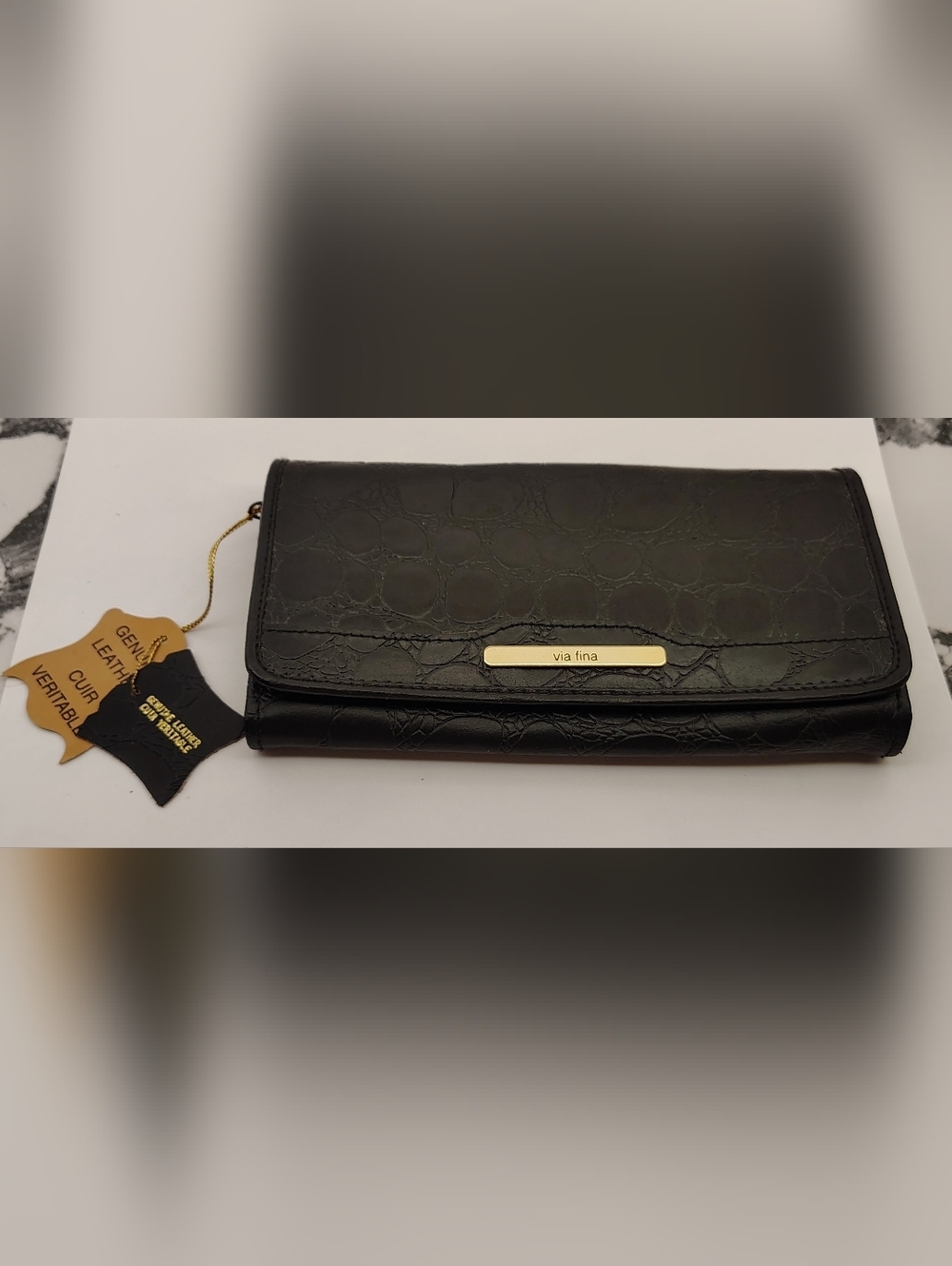 Via Fina Vintage Black Crocodile Embossed Leather Wallet New